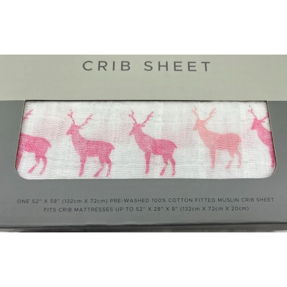 Pink Deer Cotton Muslin Fitted Baby‎ Crib Sheet White Standard Mattress NWT